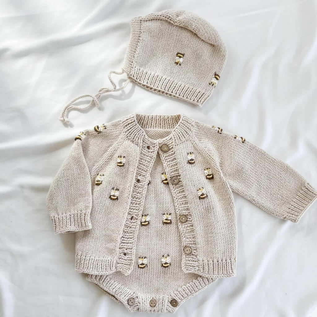 VelouraKids Handmade Knit Newborn Outfit Set – Cardigan, Romper & Hat | Cozy Gender-Neutral Baby Gift