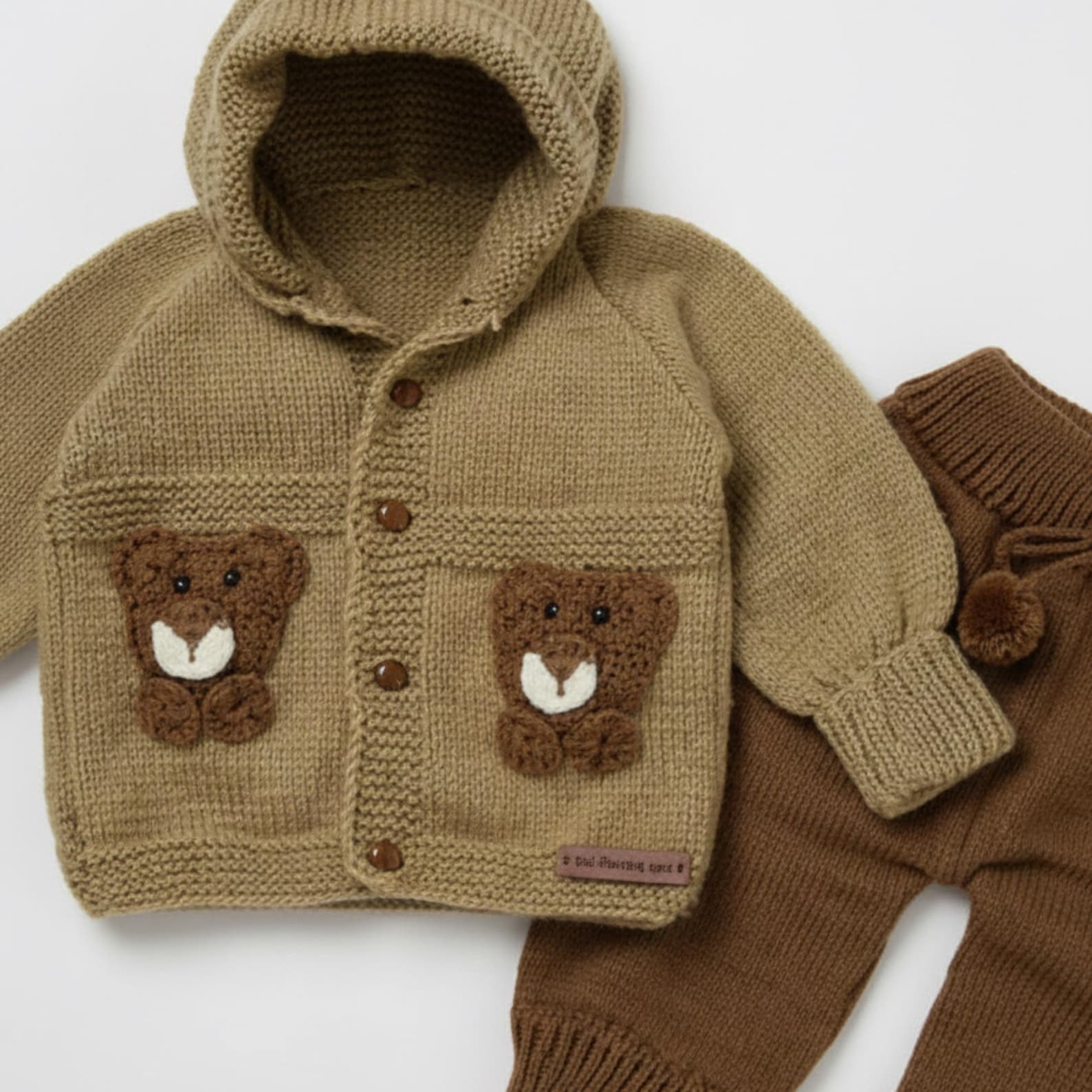 VelouraKids Handmade Bear Baby Coming Home Outfit – 3-Piece Knitted Gender-Neutral Set with Booties | Vintage Heirloom Gift