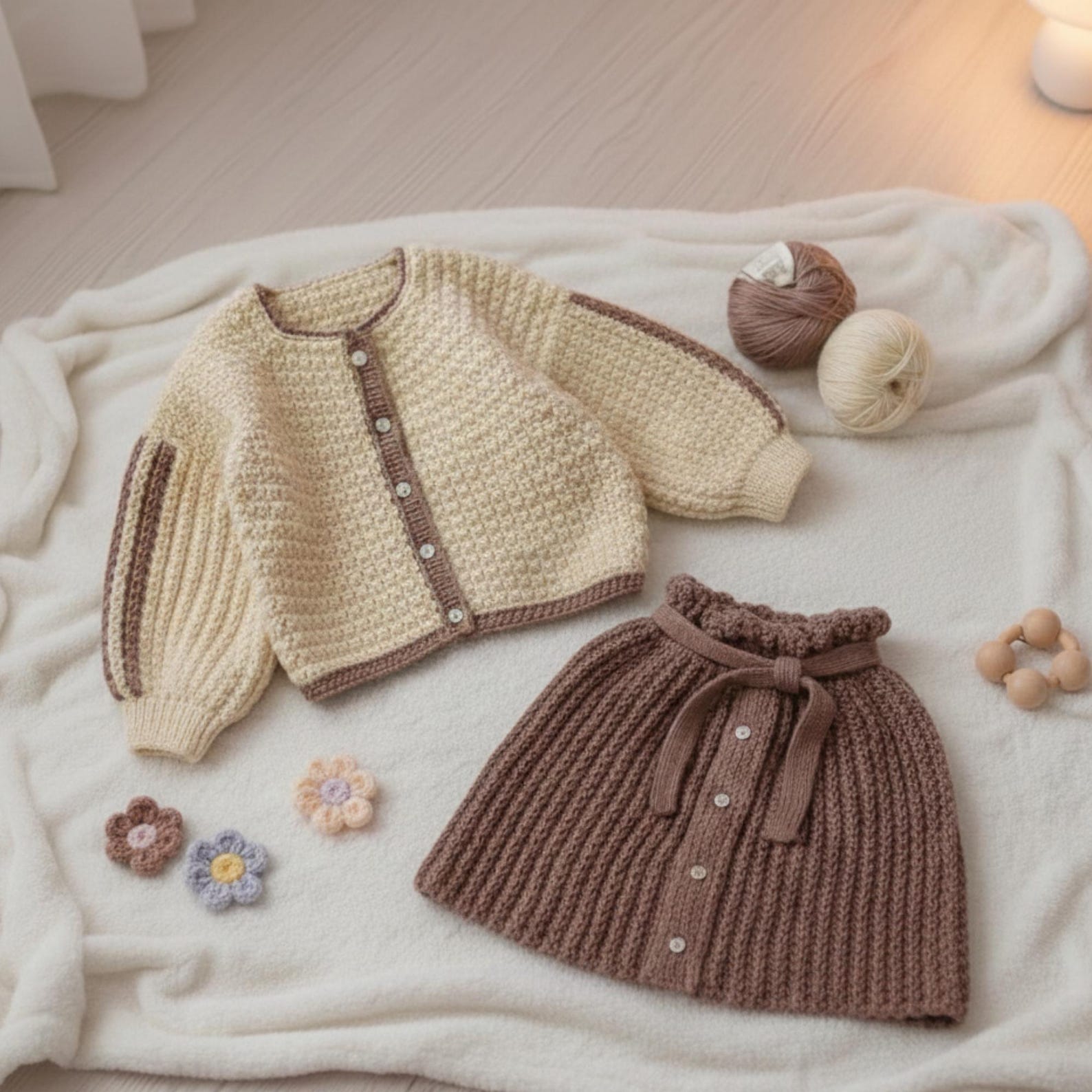 VelouraKids Handmade Crochet Baby Girl Outfit – Knit Cardigan & Skirt Set | Newborn Fall/Winter Sweater | Baby Shower & Photography Gift | Boho Style