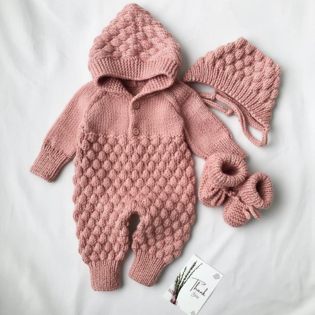 VelouraKids Handmade Knitted Newborn Romper Set – Cozy Hooded Winter Outfit with Booties | Baby Shower & Photo Outfit