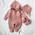 VelouraKids Handmade Knitted Newborn Romper Set – Cozy Hooded Winter Outfit with Booties | Baby Shower & Photo Outfit