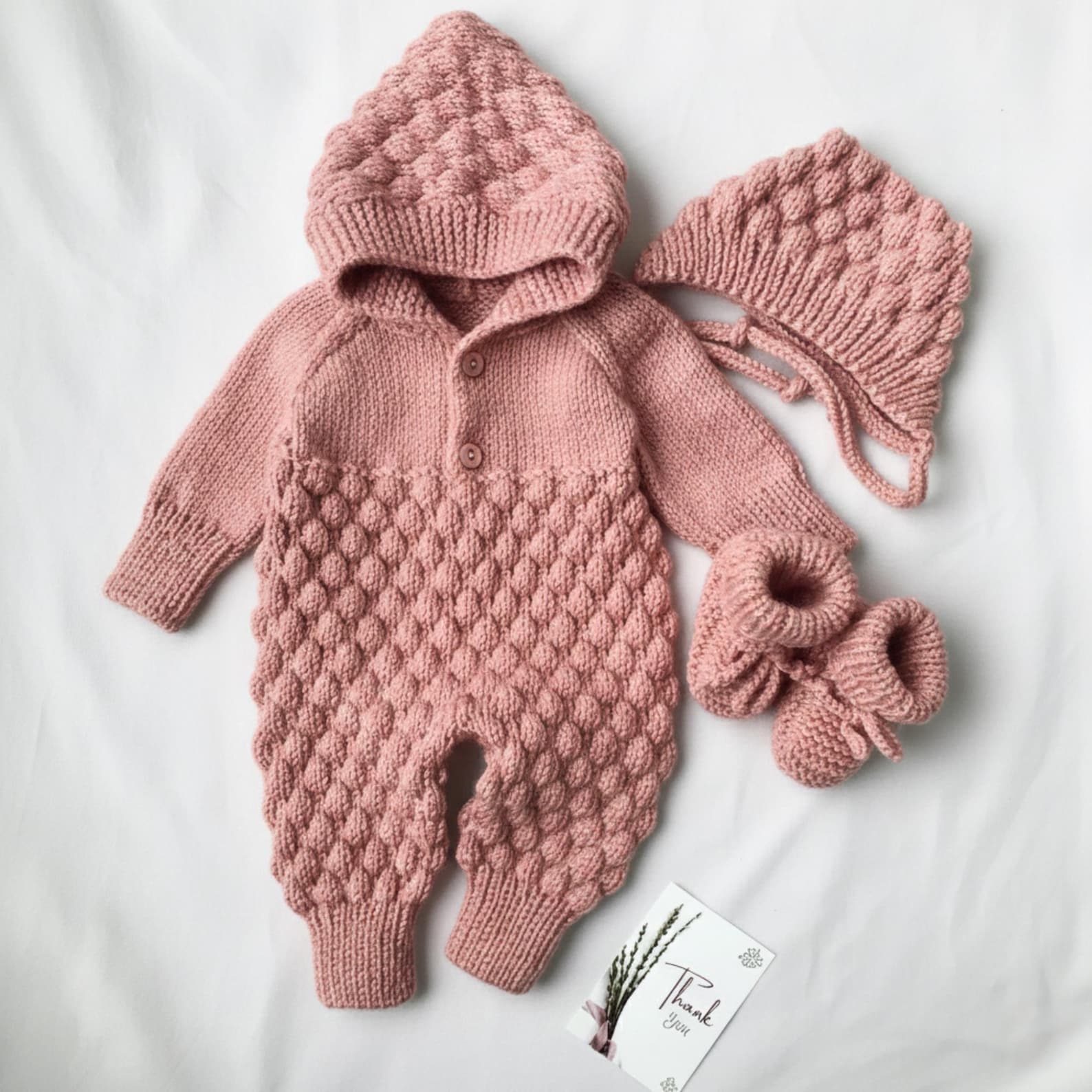 VelouraKids Handmade Knitted Newborn Romper Set – Cozy Hooded Winter Outfit with Booties | Baby Shower & Photo Outfit