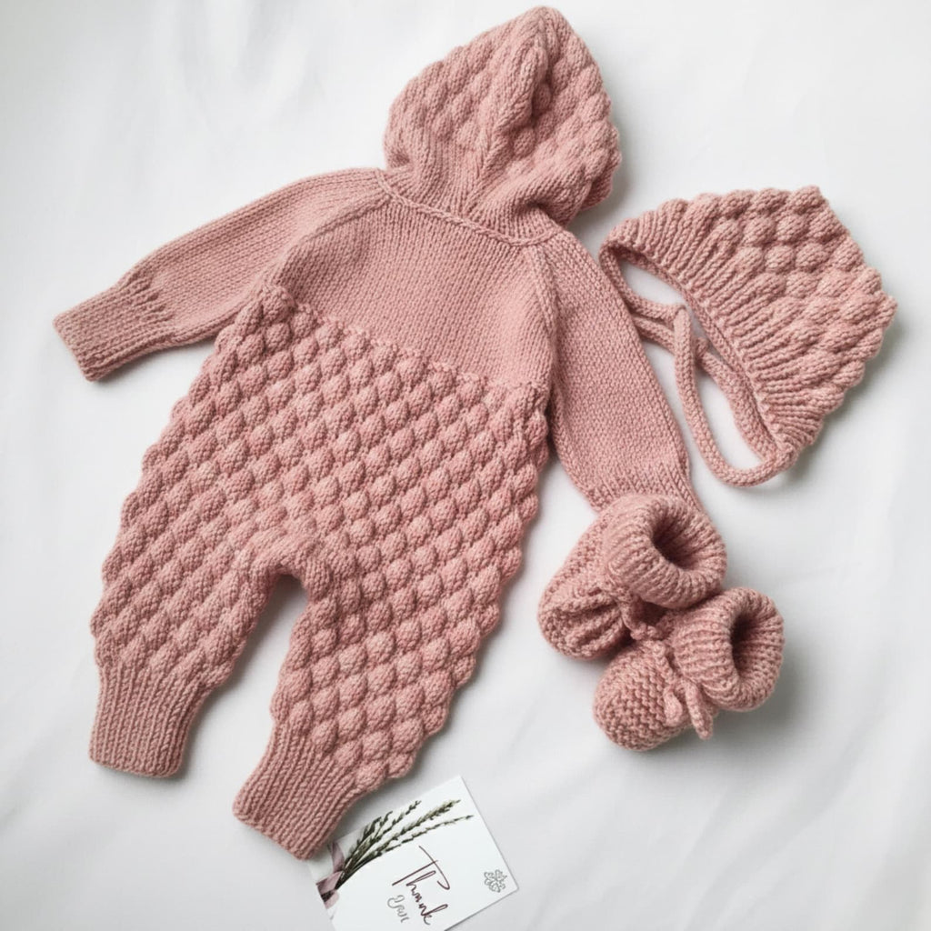 VelouraKids Handmade Knitted Newborn Romper Set – Cozy Hooded Winter Outfit with Booties | Baby Shower & Photo Outfit